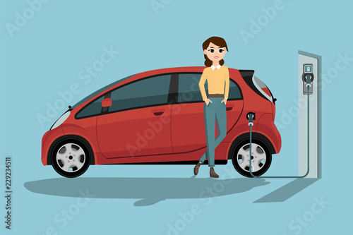 Woman charges an electric car at a charging station. Vector illustration