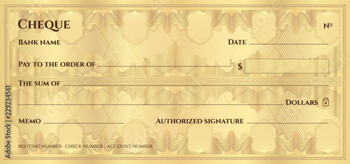 Check, Cheque (Chequebook template). Guilloche pattern with abstract floral watermark, border. Gold background for banknote, money design,currency, bank note, Voucher, Gift certificate, Money coupon