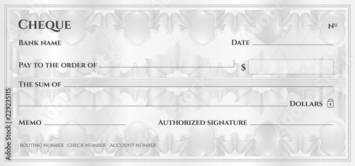 Check, Cheque (Chequebook template). Guilloche pattern with abstract floral watermark, border. Blue background for banknote, money design, currency, bank note, Voucher, Gift certificate, Money coupon