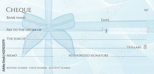 Check, Cheque (Chequebook template). Guilloche pattern with blue bow watermark. Background hi detailed for banknote, money design, currency, bank note, Voucher, Gift certificate, Money coupon photo