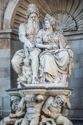 Neptune and his wife Salacia fountain near Albertina and Hofburg Palace in Vienna  Austria  details  closeup