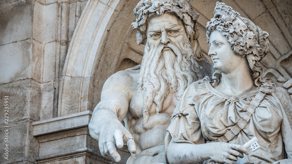 Obraz premium Neptune and his wife Salacia fountain near Albertina and Hofburg Palace in Vienna, Austria, details, closeup