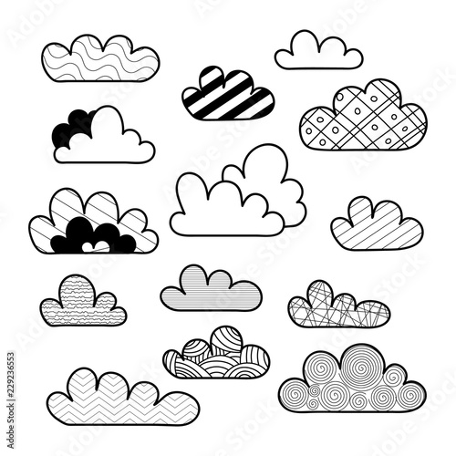 Vector Illustration. Set of Isolated cartoon cloud. Cloud with different dicoration elements for background, poster, card photo