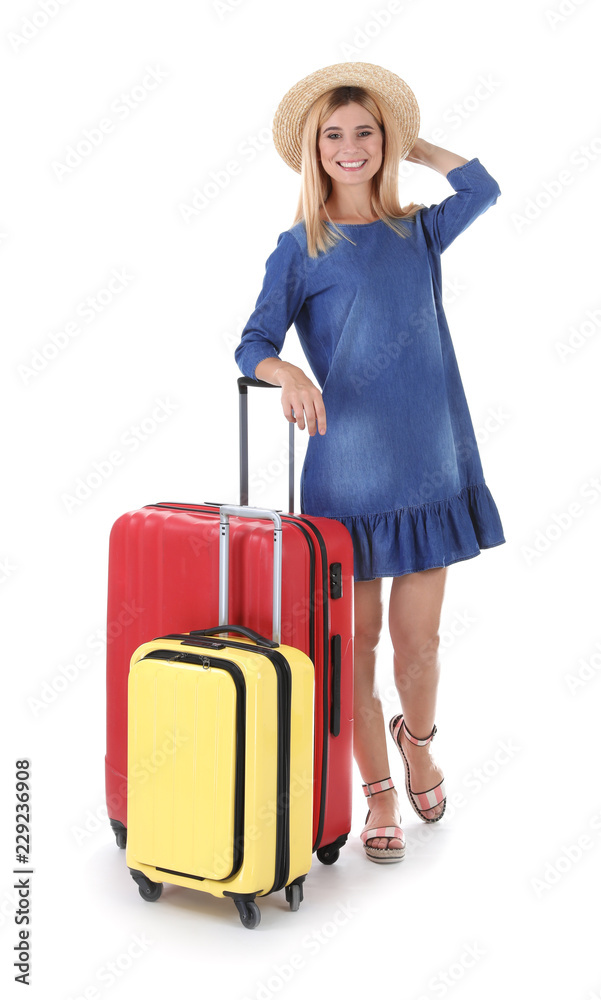 Woman with suitcases on white background. Vacation travel Woman with suitcases on white background. Vacation travel