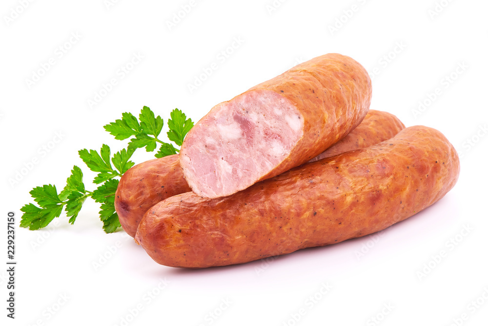 Bavarian Smoked Sausages with parsley, isolated on a white background. Close-up. Bavarian Smoked Sausages with parsley, isolated on a white background. Close-up.