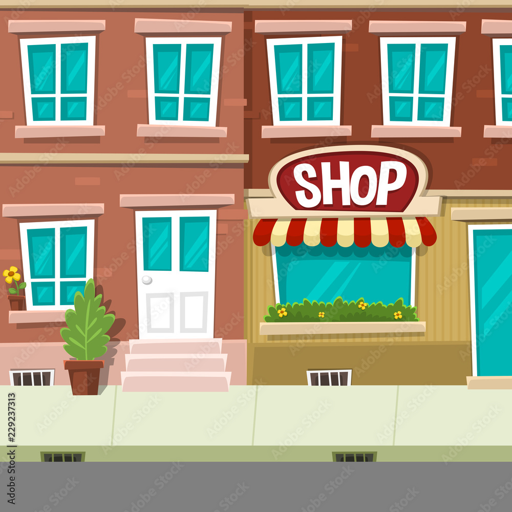 vector cartoon town street house and shop building in brick wall style with window door plant and flower illustration background scene vector cartoon town street house and shop building in brick wall style with window door plant and flower illustration background scene