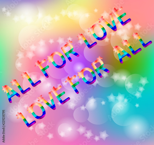 Caption All for love, love for all abstract rainbow background, soft blur, bokeh, square