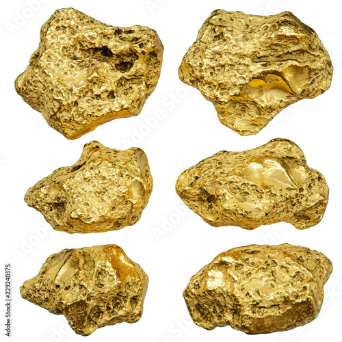 Gold nugget isolated on white background. 3d rendering.