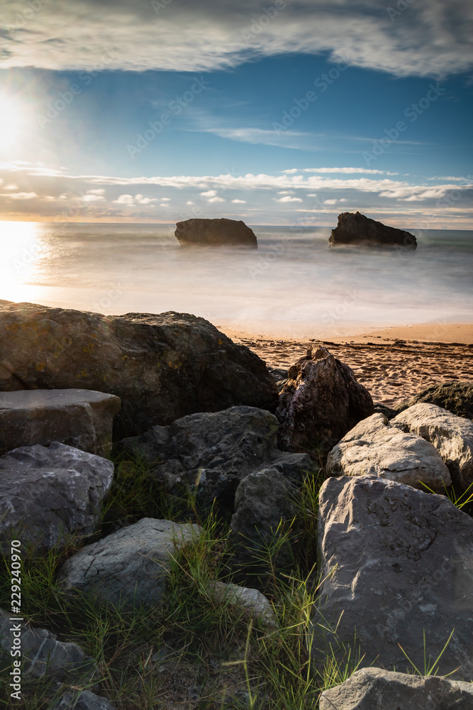 beautiful scenic beach of milady in long exposure summer, biarritz, basque country, france
