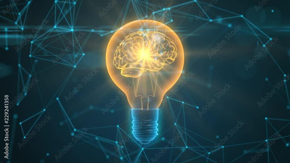 Light bulb with brain inside. Idea concept. Connected dots. Seamless loop