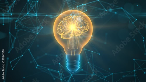 Light bulb with brain inside. Idea concept. Connected dots. Seamless loop