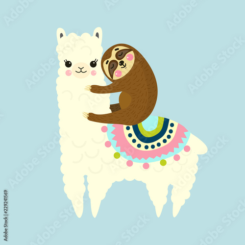 Vector Illustration of cute fluffy cartoon llama or alpaca and sloth. Best friends. Childish print for fabric, t-shirt, poster, cards, invitations, cases, pattern, patch and sticker