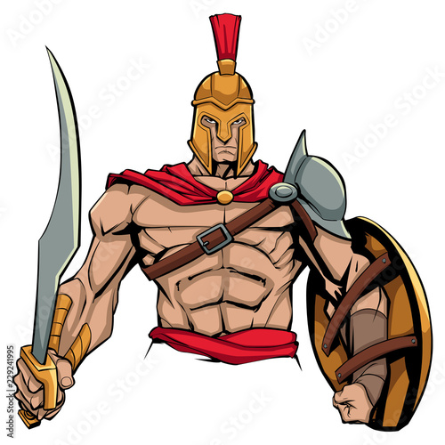 Illustration of Spartan warrior holding sword and shield, ready for battle.