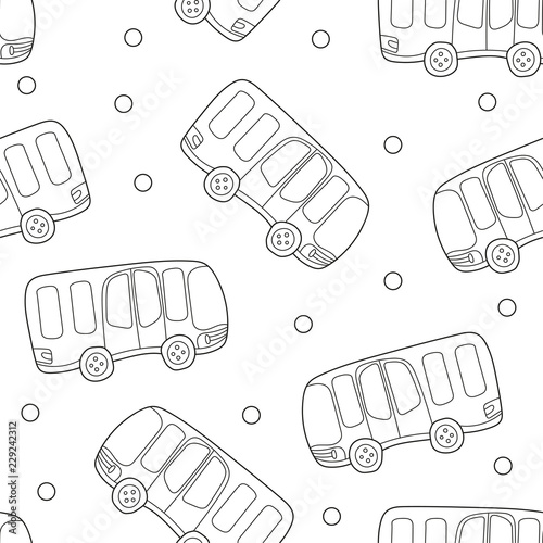 Buses, hand drawn backdrop. Black and white seamless pattern with transport. Decorative cute wallpaper, good for printing