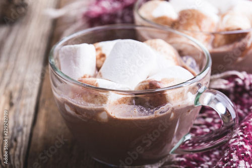 Frothy hot chocolate in glass mugs with marshmallows