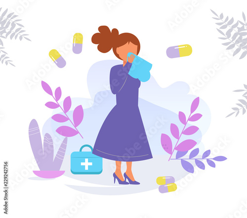 Runny nose, cold, sneezing Vector. Cartoon. Isolated art on white background. Flat
