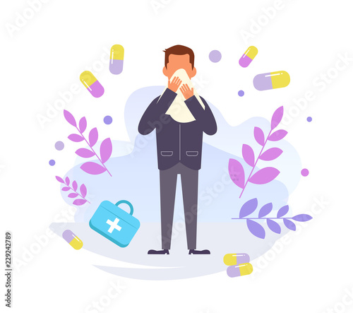 Runny nose, cold, sneezing Vector. Cartoon. Isolated art on white background. Flat