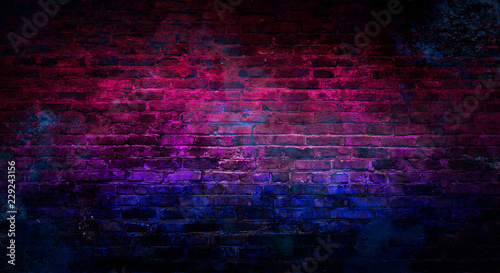 Fototapeta Empty background of old brick wall, background, neon light