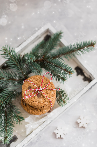 Christmas and New Year composition with home baked orange and chocolate biscuits