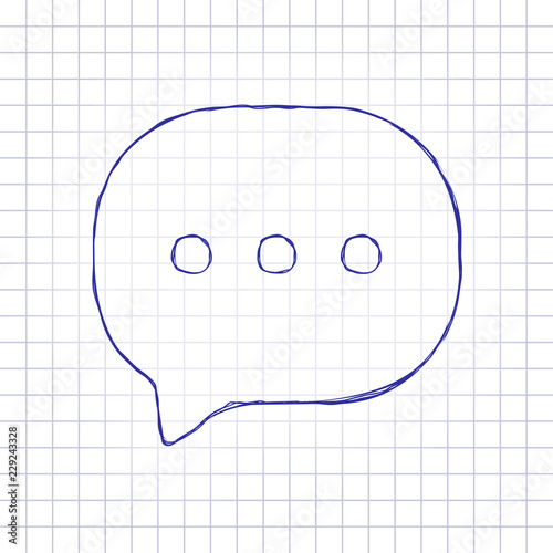 chat icon. Hand drawn picture on paper sheet. Blue ink, outline sketch style. Doodle on checkered background