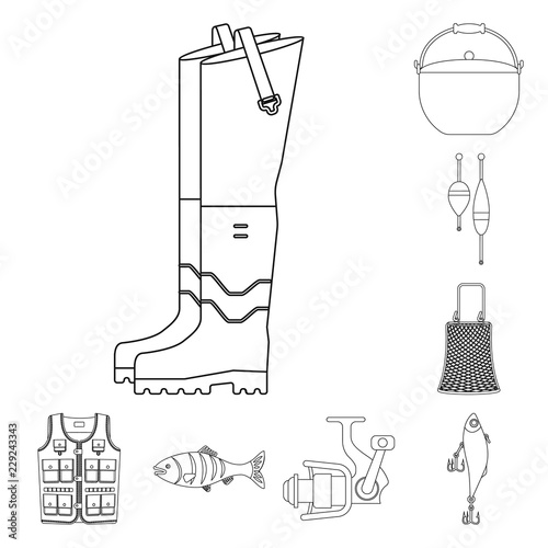 Isolated object of fish and fishing sign. Collection of fish and equipment stock vector illustration.