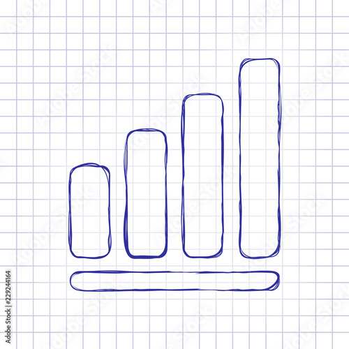 Growing graph line icon. Hand drawn picture on paper sheet. Blue ink, outline sketch style. Doodle on checkered background