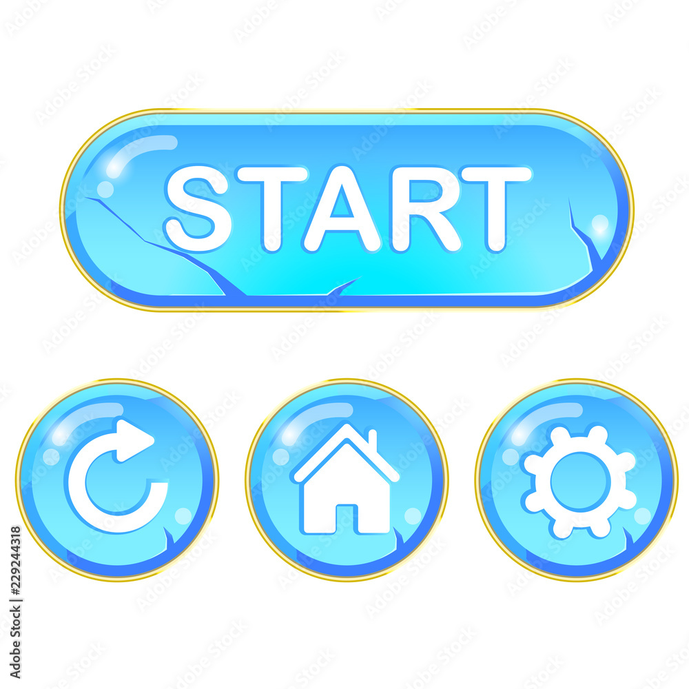 Set of shiny blue stone buttons with cracks for game interfaces. Vector GUI elements for mobile games. Isolated on white background Set of shiny blue stone buttons with cracks for game interfaces. Vector GUI elements for mobile games. Isolated on white background
