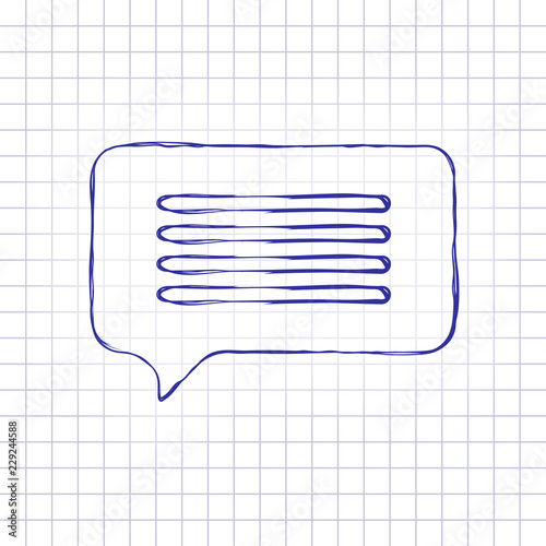 message cloud icon. Hand drawn picture on paper sheet. Blue ink, outline sketch style. Doodle on checkered background