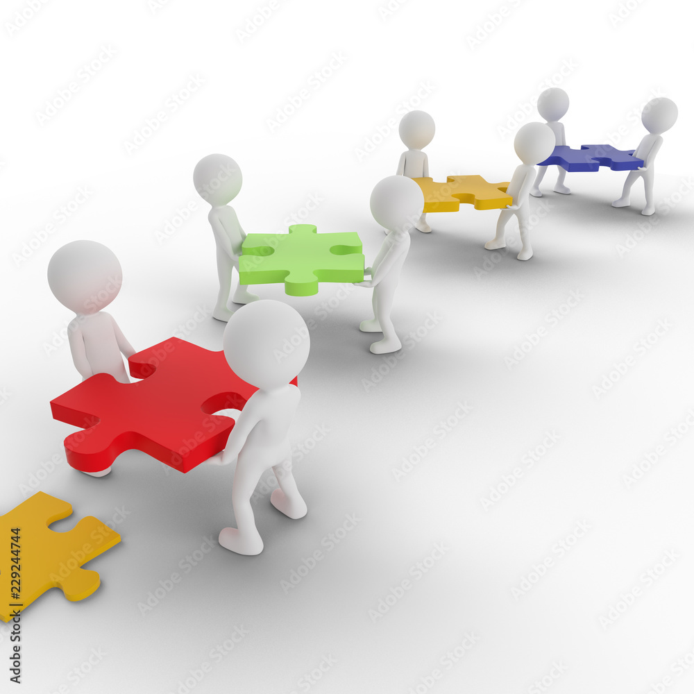 3D people with bright puzzle pieces 3D people with bright puzzle pieces