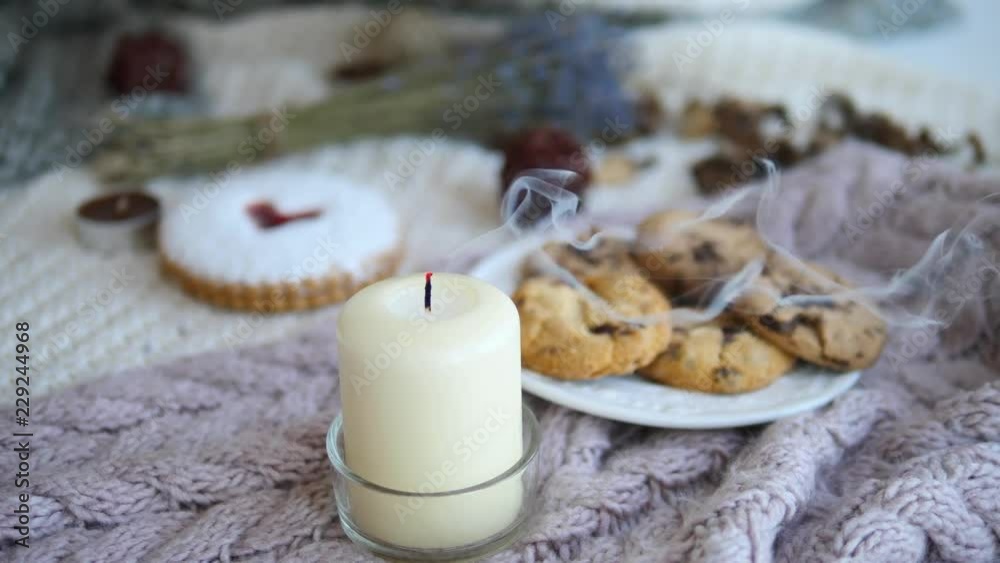 Blowing Out A Candle. Festive Cozy Decorations. Winter Season.