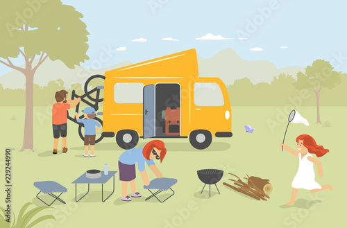 Family with Camping Van in the nature. Van Life Concept. Modern vector flat design illustration.