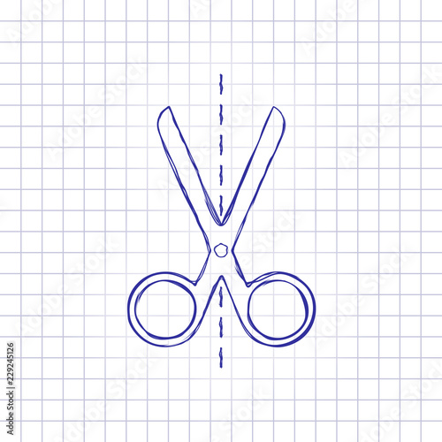 scissors icon. Hand drawn picture on paper sheet. Blue ink, outline sketch style. Doodle on checkered background