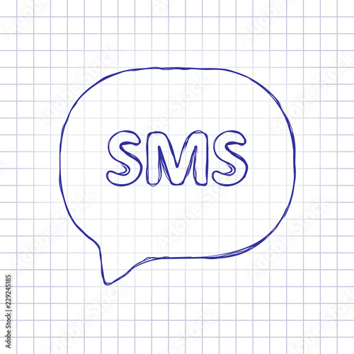 sms icon. Hand drawn picture on paper sheet. Blue ink, outline sketch style. Doodle on checkered background