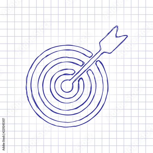 target icon. Hand drawn picture on paper sheet. Blue ink, outline sketch style. Doodle on checkered background