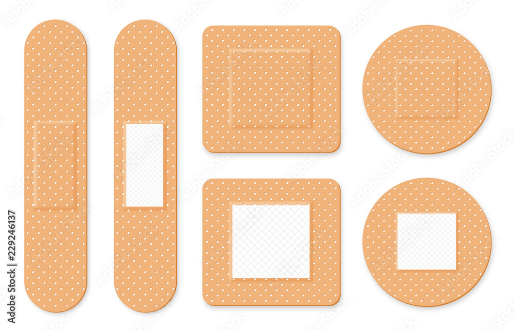 Medical patch, adhesive bandage. Set of elastic medical plasters in  different shapes. Realistic first aid band plasters Stock Vector | Adobe  Stock