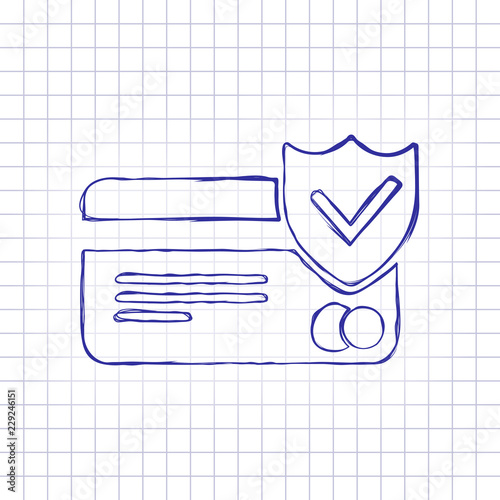 credit card protection icon. Hand drawn picture on paper sheet. Blue ink, outline sketch style. Doodle on checkered background