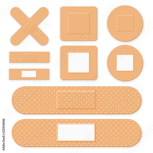 Medical patch, adhesive bandage. Set of elastic medical plasters in different shapes. Realistic first aid band plasters