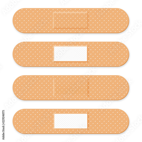 Medical patch, adhesive bandage. Set of elastic medical plasters in different shapes. Realistic first aid band plasters