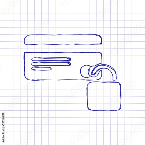 credit card protection icon. Hand drawn picture on paper sheet. Blue ink, outline sketch style. Doodle on checkered background