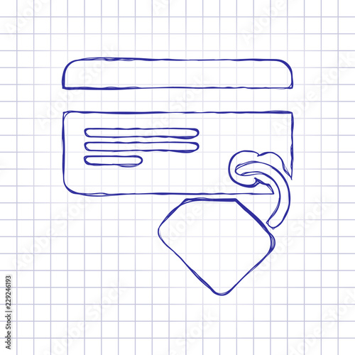 credit card security. simple silhouette. Hand drawn picture on paper sheet. Blue ink, outline sketch style. Doodle on checkered background