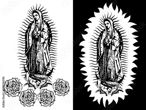 Virgin of Guadalupe, Mexican Virgen de Guadalupe black and white vector illustration photo