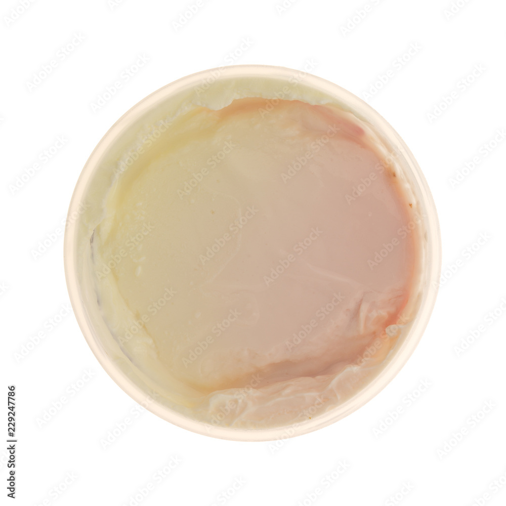 Top view of a container of strawberry rhubarb yogurt sweetened with honey isolated on a white background. Top view of a container of strawberry rhubarb yogurt sweetened with honey isolated on a white background.