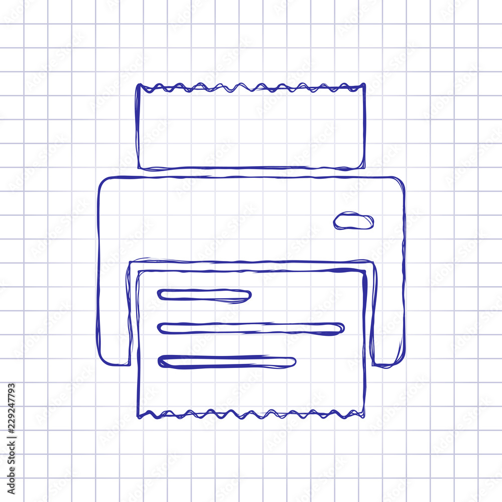 printer, receipt, simple icon. Hand drawn picture on paper sheet. Blue ink, outline sketch style. Doodle on checkered background printer, receipt, simple icon. Hand drawn picture on paper sheet. Blue ink, outline sketch style. Doodle on checkered background