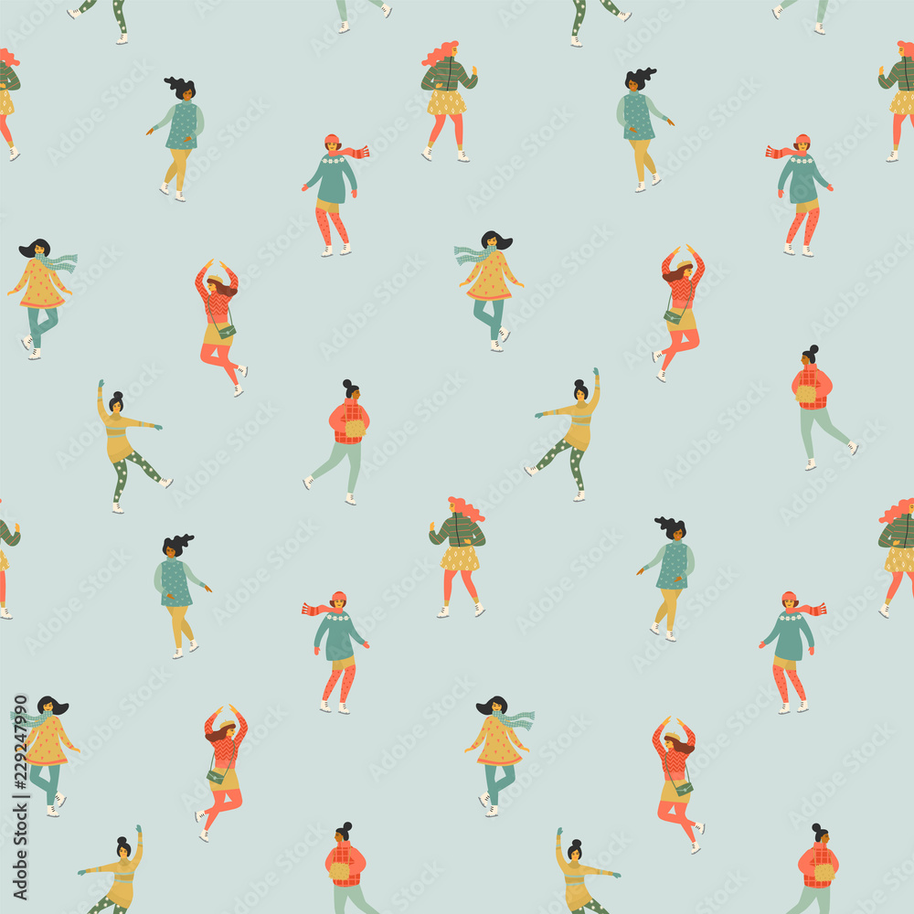 Vector seamless pattern with women skate. Trendy retro style.