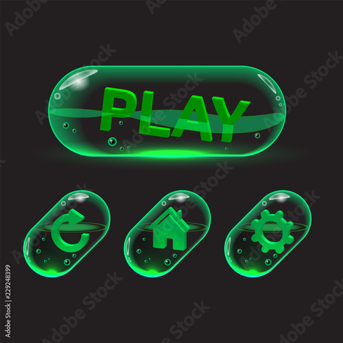 Set of buttons in the form of green transparent capsules for game interfaces. Vector GUI elements for mobile games. Isolated on dark background