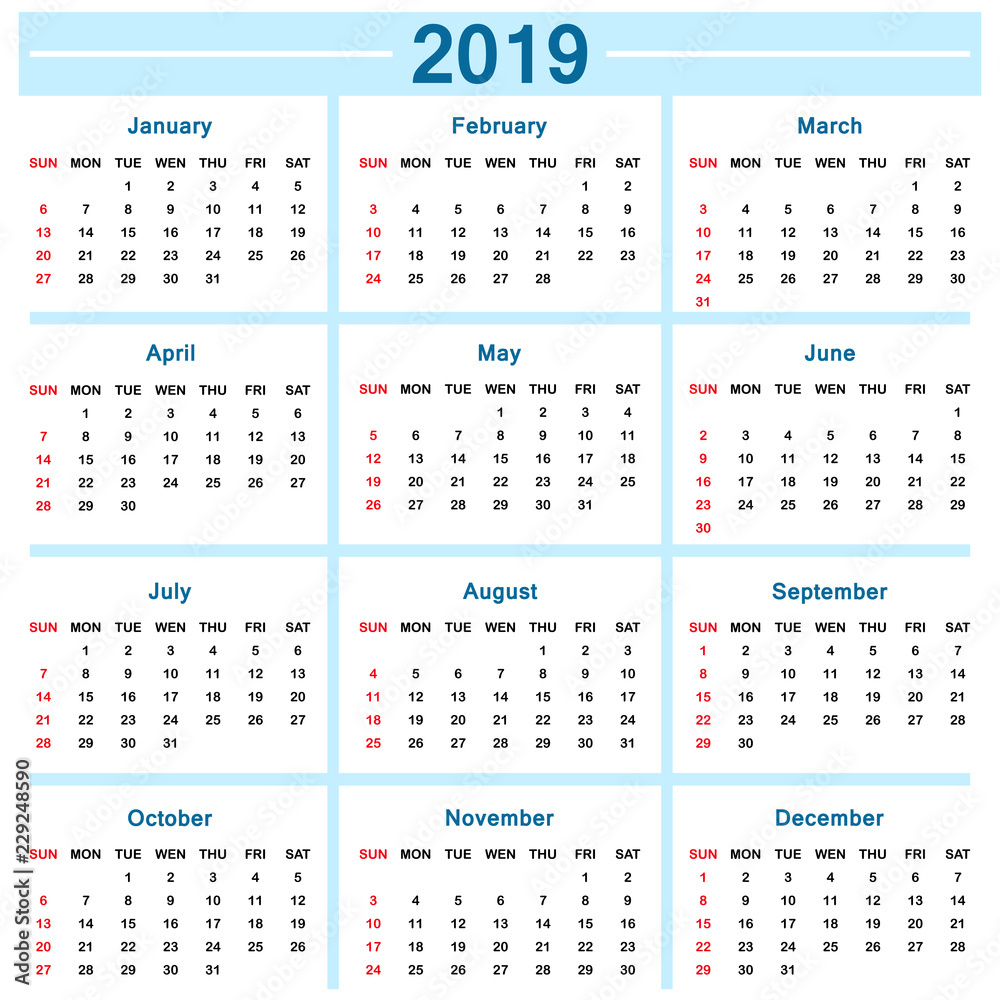 2019 Calendar - vector illustration Stock Vector | Adobe Stock