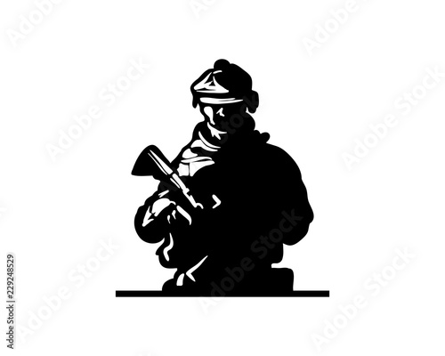 Black Silhouette Vector Soldier Army with the Gun Sign Symbol Icon Logo Template Design Inspiration