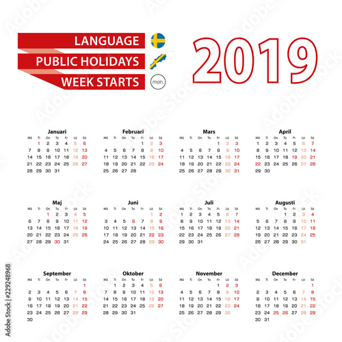 Calendar 2019 in Swedish  language with public holidays the country of Sweden in year 2019.