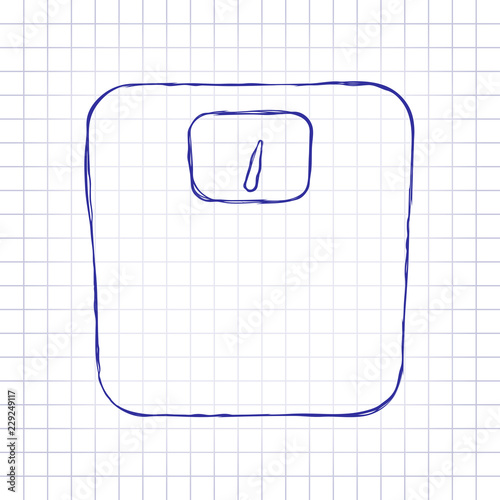 silhouette of weights, simple symbol. Hand drawn picture on paper sheet. Blue ink, outline sketch style. Doodle on checkered background