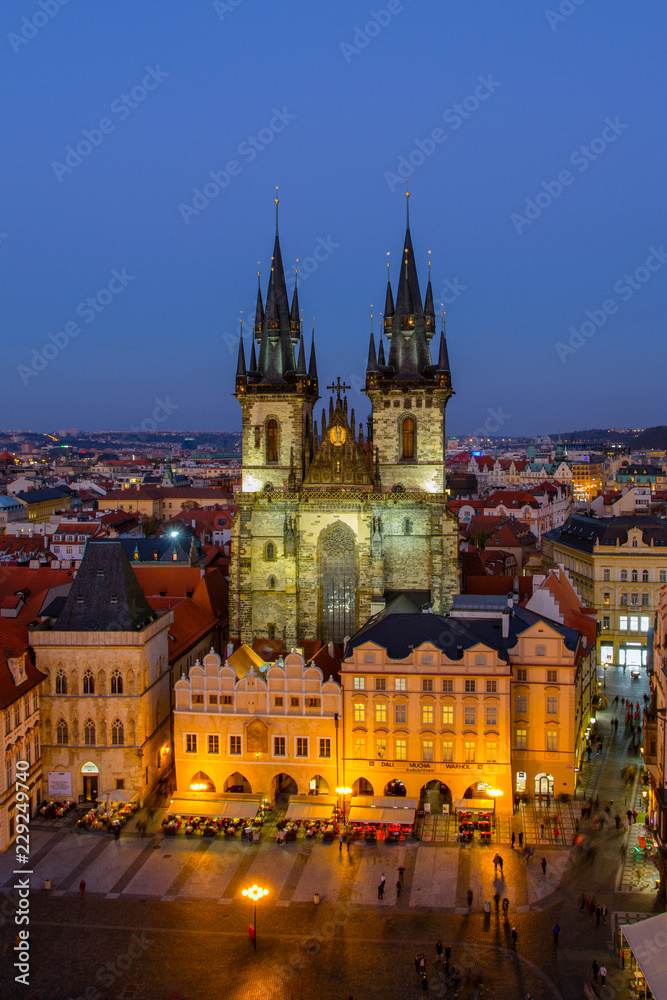 Obraz premium Aerial view of the gothic Tyn cathedral, Old Town square, Prague, Czech Republic. Night scene. Historical center .European travel.